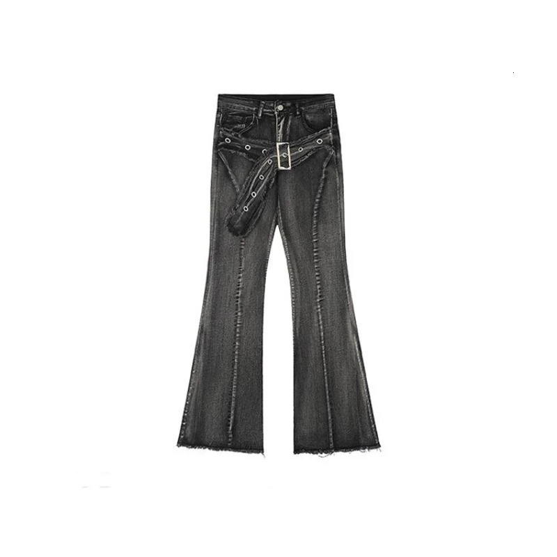 retro microflare women jeans ins fashionable streetwear girl style belt bristled slim straight pants 251023