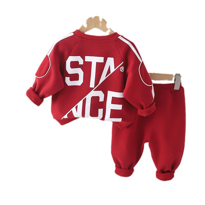 Free Shipping 2025 Spring Autumn Boys Letter Print Sweatshirt Set, Korean Style Round Neck Hoodie with Long Pants, Casual Sportswear for Kids