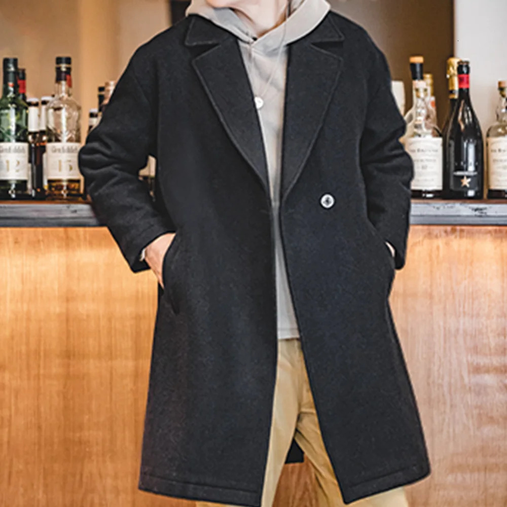 Maden Mens Vintage Heavyweight Black Woolen Overcoat Fall and Winter Season Thickened Loose Mediumlength Versatile Coat 251017