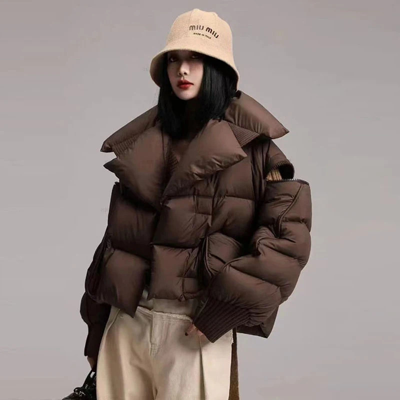 Winter White Duck Down Short Parka Spliced Fashion Womens Knitted Big Collar Puffer Jacket Stylish and Thick Loose Coat 251017