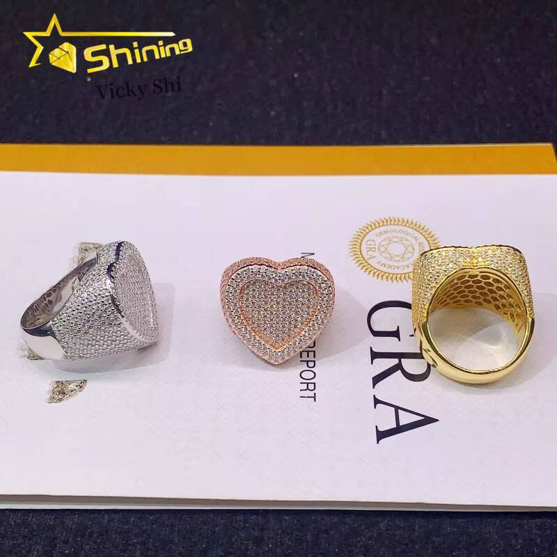 Pass Diamond Tester 925 Silver Hip Hop Heart Style Moissanite Diamond Ring Custom Fine Jewelry Rapper Ring