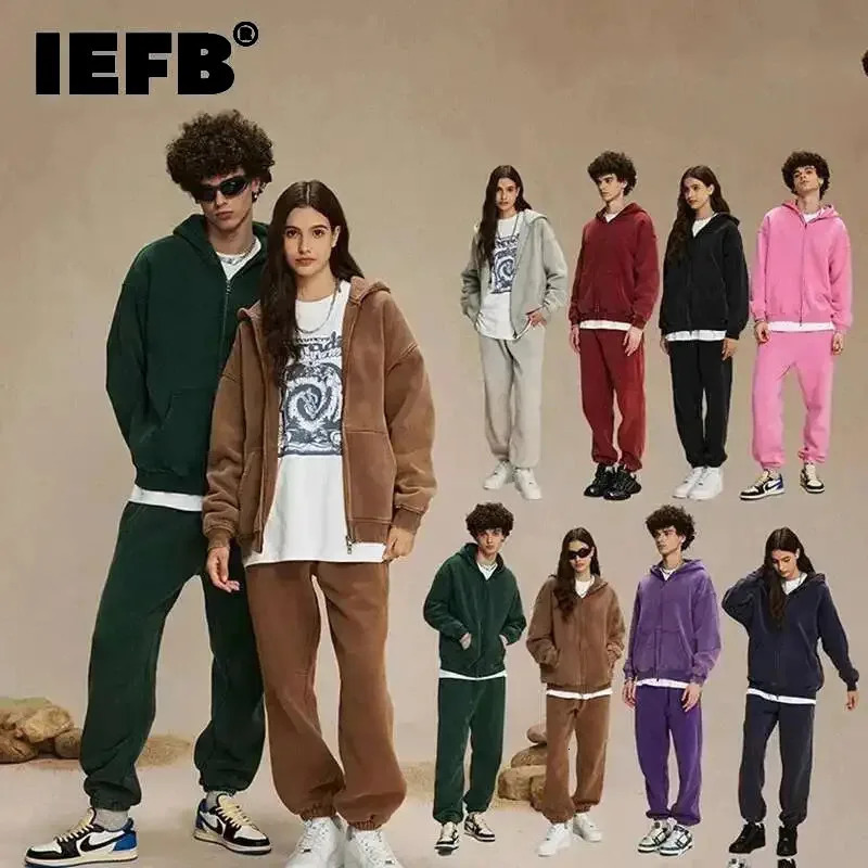 IEFB Mens Wear Wax Printing Vintage Male Hoodies Oversized Loose Zipper Water Washed Plush Sweatshirt Trendy 9C9349 251023