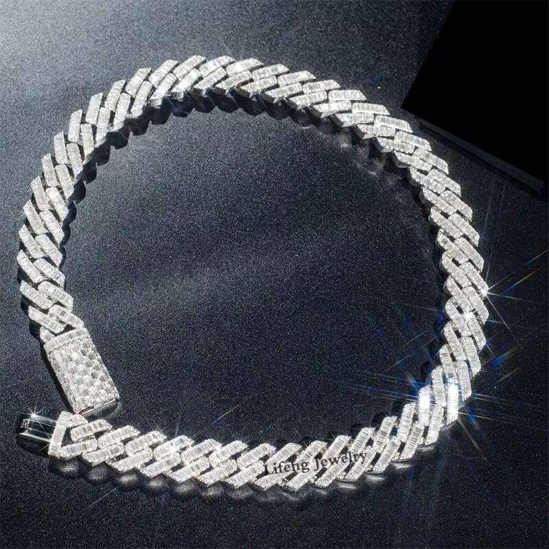 Hot Sell 925 Sliver White Gold Plated VVS Moissanite Pass Diamond Tester 18mm Miami Cuban Link Chain baguette Necklaces for Men