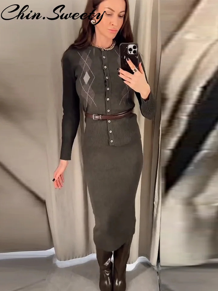 Elegant Knit Cardigan Skirt Women Set Fashion Print Long Sleeve Button Sweater Split Skirts Autumn Winter Lady Outfit 251020