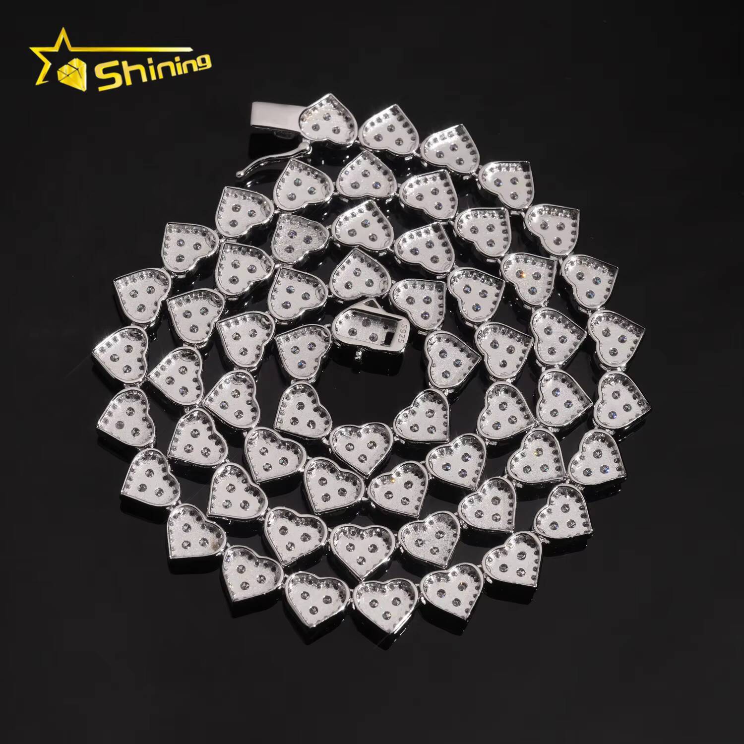 Hot Selling 8mm Width Heart Shape Iced Out VVS Moissanite Chain Cuban Link Hip Hop 925 Silver Men Moissanite Necklace