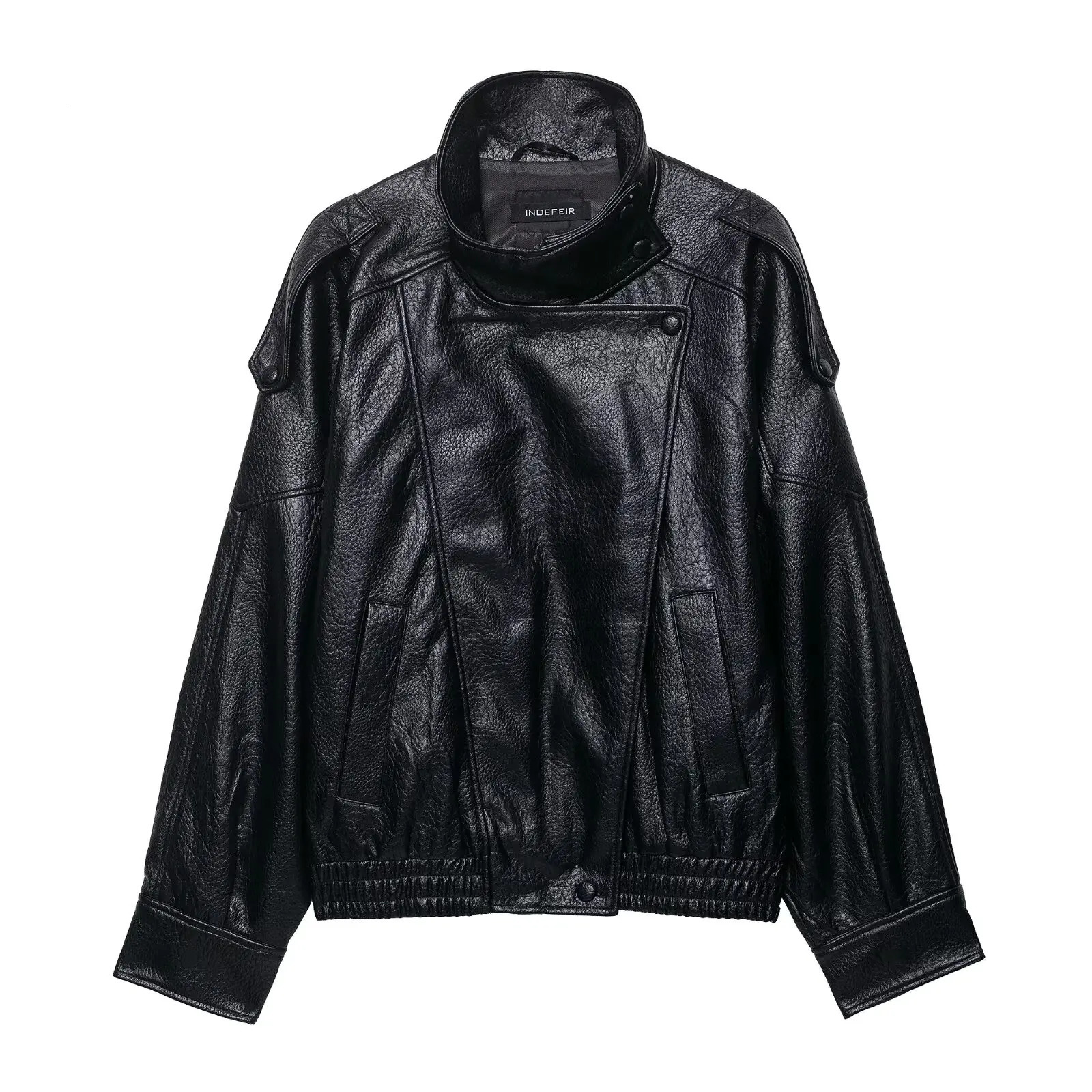 Black PU Leather Loose Zipup Womens Jacket Elegant Stand Collar Pocket Vintage Coat High Street Winter Women Outwears 251020