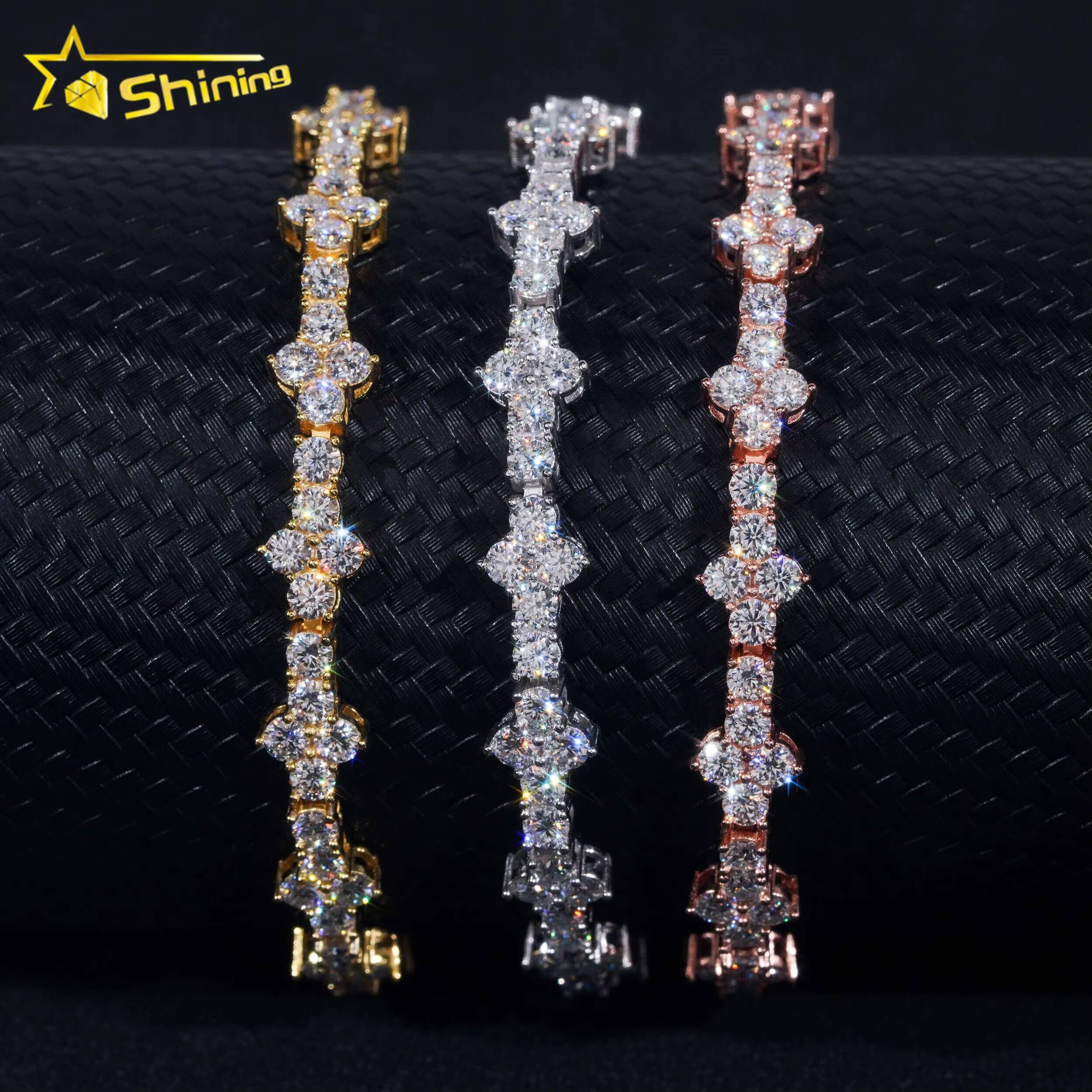 Stylish New Arrival Fashion Femme Design 925 Silver VVS Moissanite Diamond Iced Out Four Leaf Clover Cross Tennis Chain Bracelet