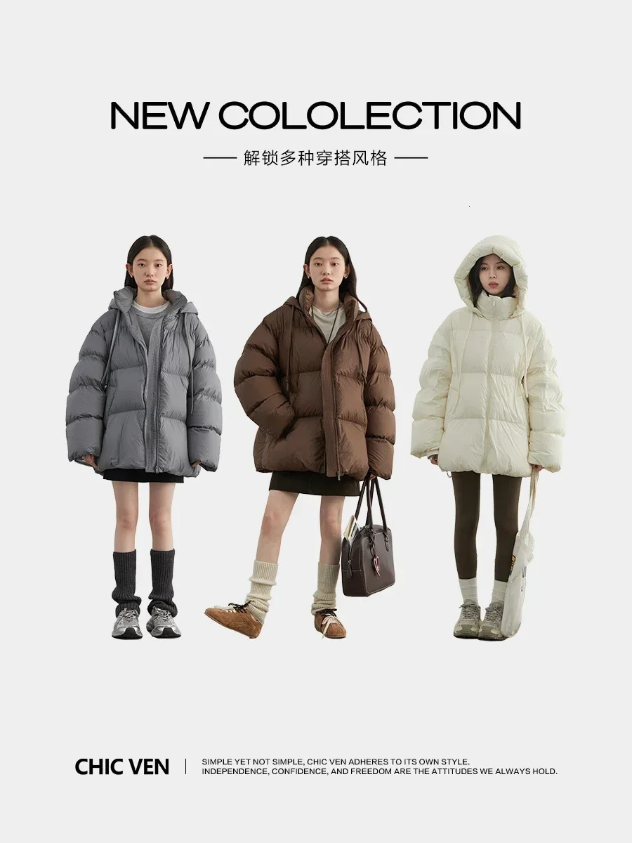 CHIC VEN Women Down Coats Solid Loose Hooded 90 White Duck Down Jacket Puffs Female Outerwear Autumn Winter 251020