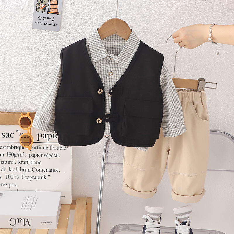 Free Shipping 2025 Boys Plaid Shirt & Vest 3-Piece Set, Autumn Casual Outfit with Suspenders for Toddlers 1-5 Years, Fashion Kids Clothes