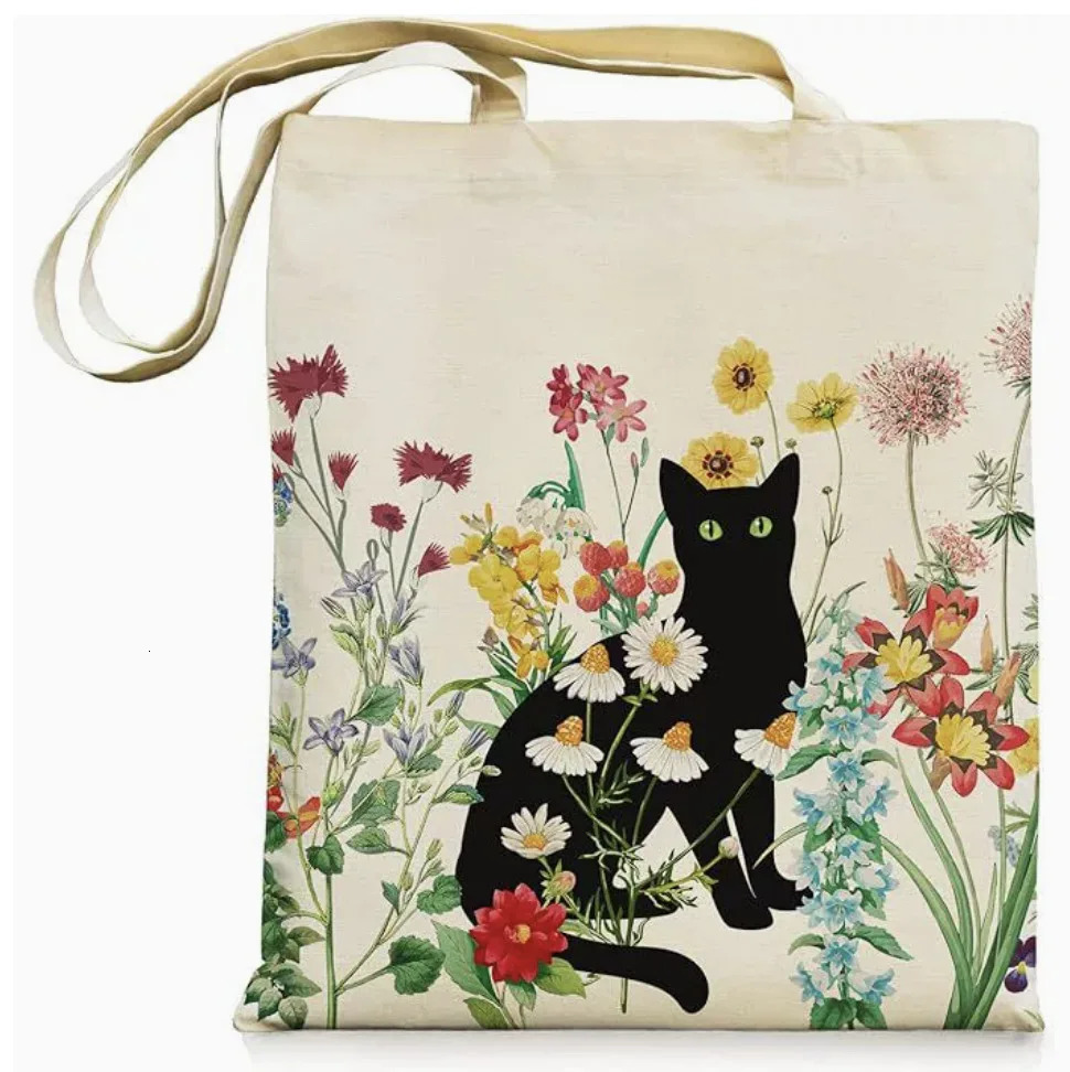 Black Cat Canvas Tote Bag with Zipper Pockets Vintage Flowers Cute Shopping Grocery Bags Birthday Gift 251018
