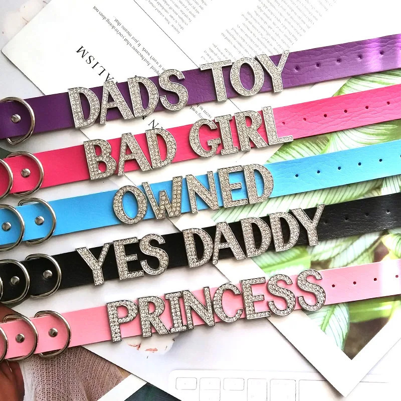 30MM Sexy Punk Rhinestone Letters Customized Collar Choker Necklaces Men Women Goth BDSM Role Age Cosplay Chocker Party Jewelry 251023