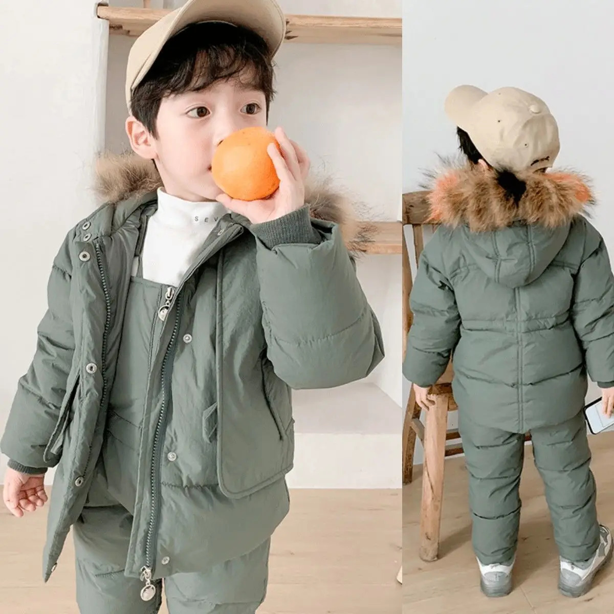 Winter 2 3 4 6 8 Years Fur Hooded JacketOveralls Suit 2Pcs Duck Down Children Clothing Set for Baby Kids Girls Boys 251023