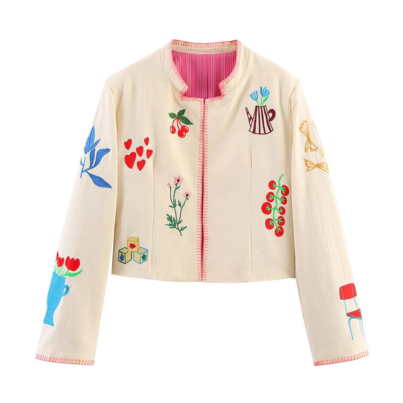 YENKYE Fashion Women Short Embroidery Jacket Stand Collar Long Sleeve Cardigan Coat Autumn Streetwear Lady Outerwear 251020