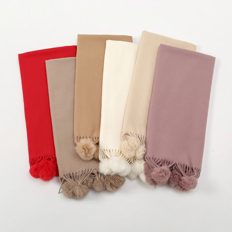 Women Warm Scarf With Rabbit Fur Ball Pashmina Thick Scarves Shawls Winter Cashmere Pompom Scarf Ladies Oversize Blanket Wrap 251024