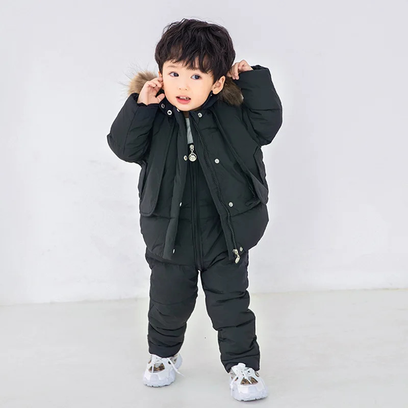 Winter 2 3 4 6 8 Years Fur Hooded JacketOveralls Suit 2Pcs Duck Down Children Clothing Set for Baby Kids Girls Boys 251023