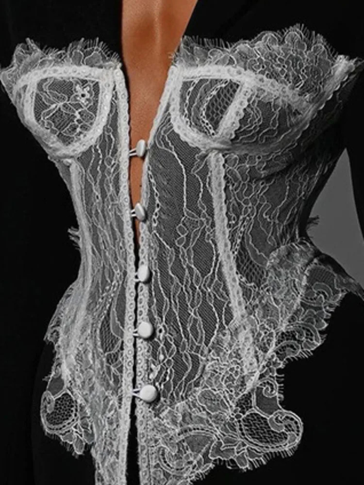 ZMEENNA Spring Womens Black Blazer With Delicate White Lace Corset Overlay Structured Shoulders ZM954 251024