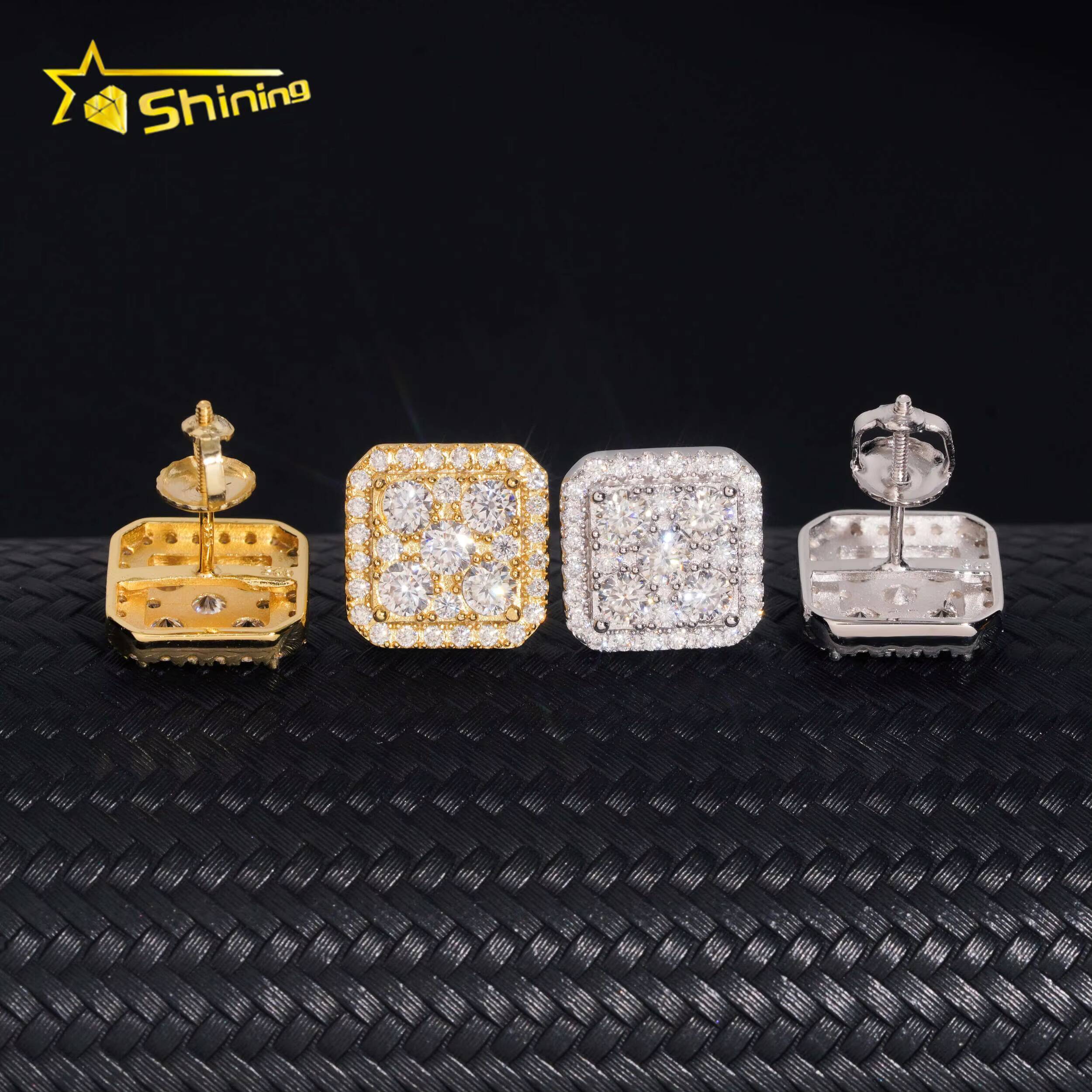 Hip Hop Jewelry Men Moissanite Earrings 925 Sterling Silver Square Shape Moissanite Stud Earrings Iced Out Screw Back Ear Studs