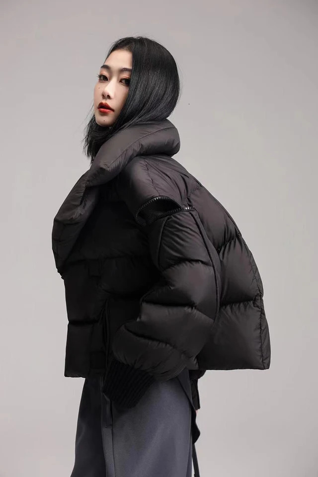 Winter White Duck Down Short Parka Spliced Fashion Womens Knitted Big Collar Puffer Jacket Stylish and Thick Loose Coat 251017