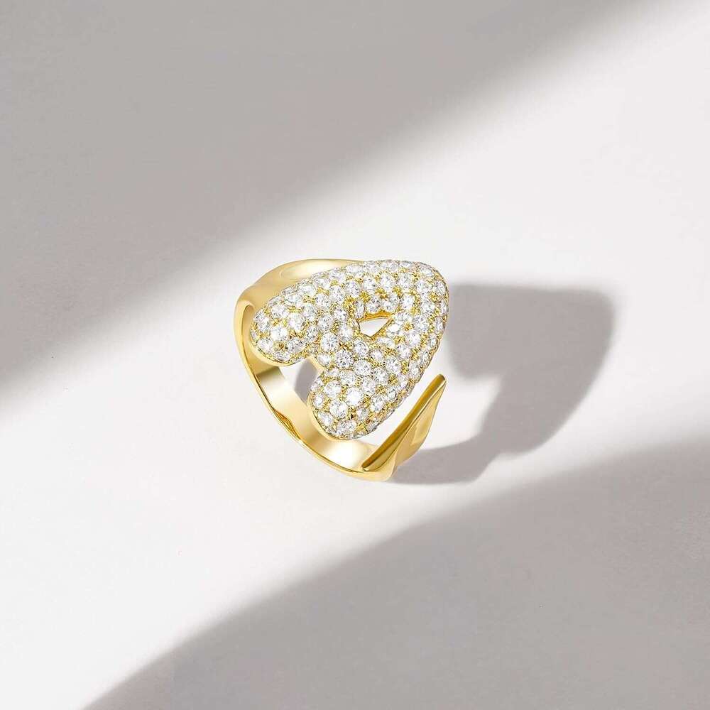Bubble Initial Ring for Women, 14k Gold Plate Balloon Jumbo Letter Rings Open Adjustable Dainty Pave CZ Personalized Fashion Trendy Statement Jewelry 
