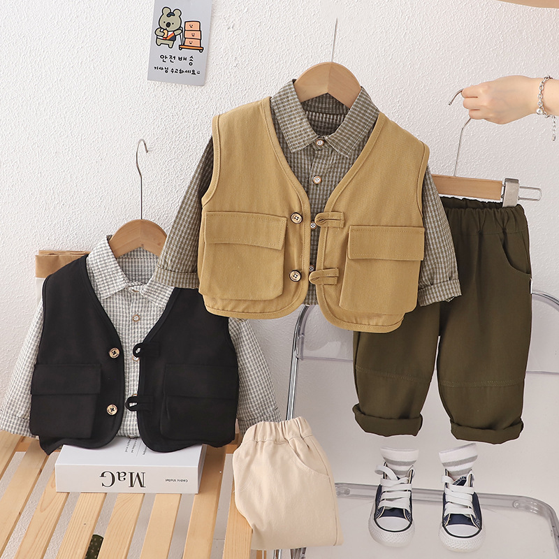 Free Shipping 2025 Boys Plaid Shirt & Vest 3-Piece Set, Autumn Casual Outfit with Suspenders for Toddlers 1-5 Years, Fashion Kids Clothes