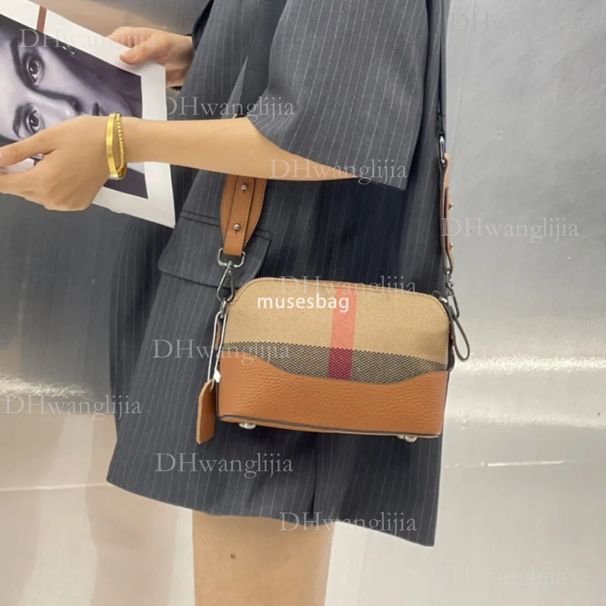 DHGM Internet famous genuine leather small square trendy new European and American fashion casual cowhide crossbody high-end plaid women bag 5c41