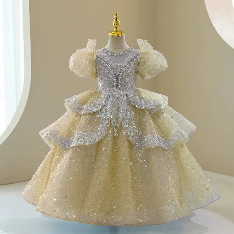 Puff Sleeve Flower Girl Dresses for Wedding Toddlers Beaded Ruffle Tulle Princess Pageant Dress Sparkly 1st Communion Party Gown 251023