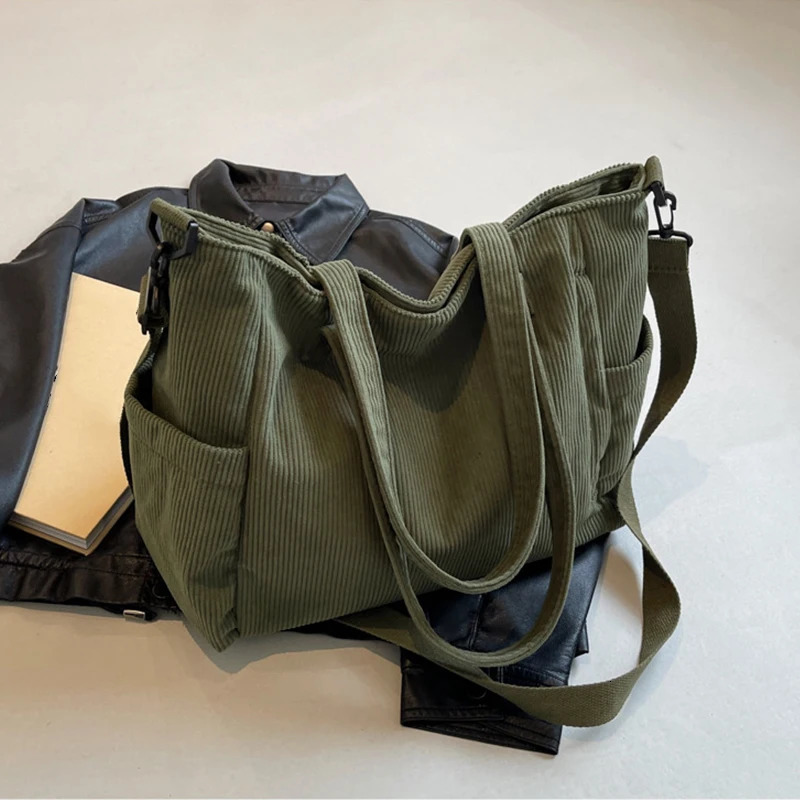 Women Corduroy Tote Bag Casual Multi Pocket Handbag Adjustable Strap Crossbody Sling Zipper Shoulder Fall Winter 251018