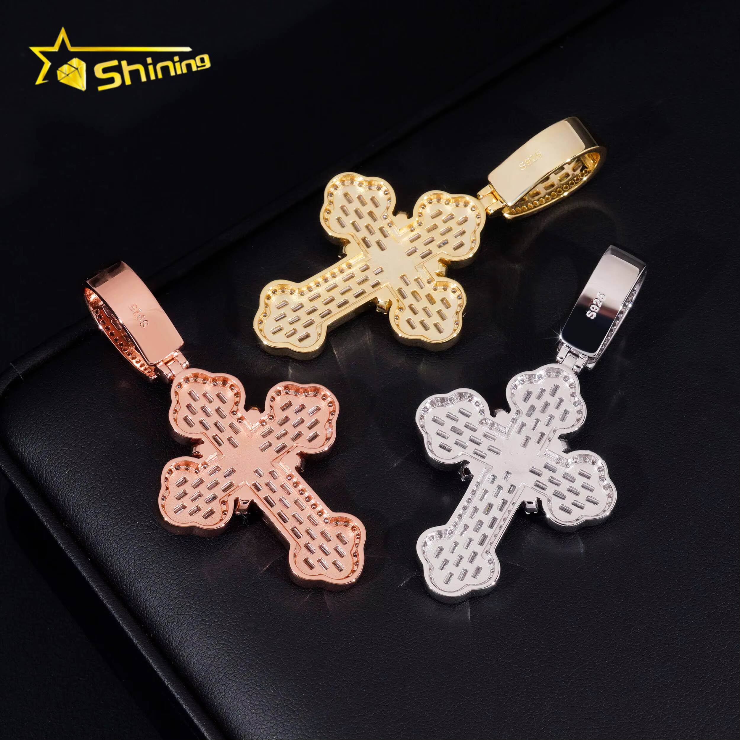 Worldwide Shipping Fully Iced Out Baguette Moissanite Charms Pendant 925 Silver Gold Plated Hip Hop Moissanite Cross Pendant