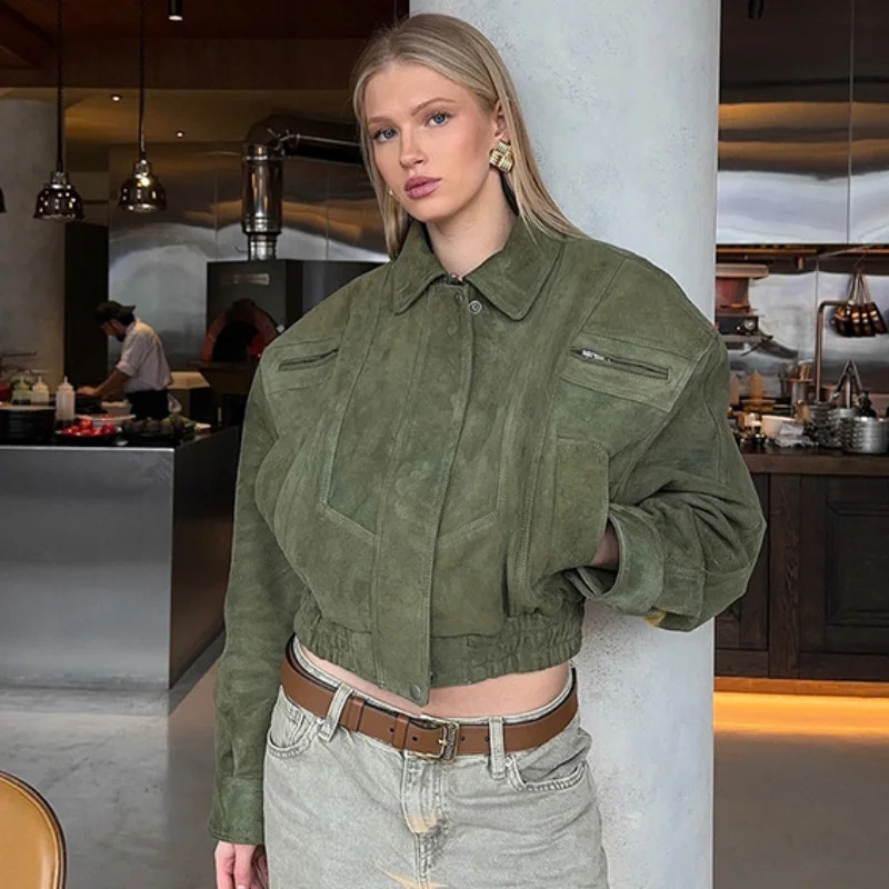 Vintage Suede Jacket For Women Long Sleeve Pocket Turndown Collar Zipper Short Coat Autumn Winter Streetwear Lady Outwears 251020