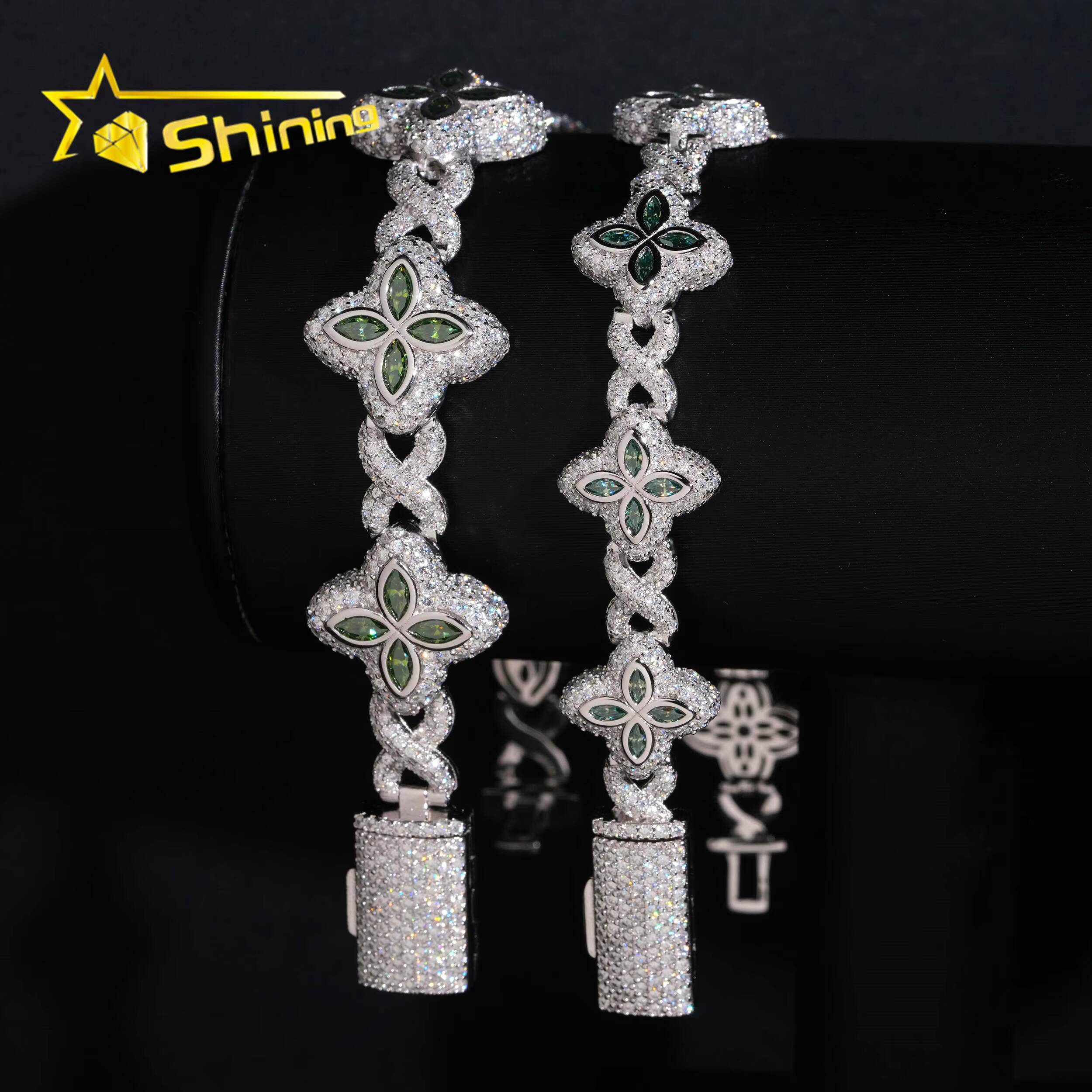 Rapper Hip Hop Jewelry 15mm 18mm Green Clover Moissanite Cuban Bracelet Custom 925 Silver Iced Out Infinity Moissanite Bracelet