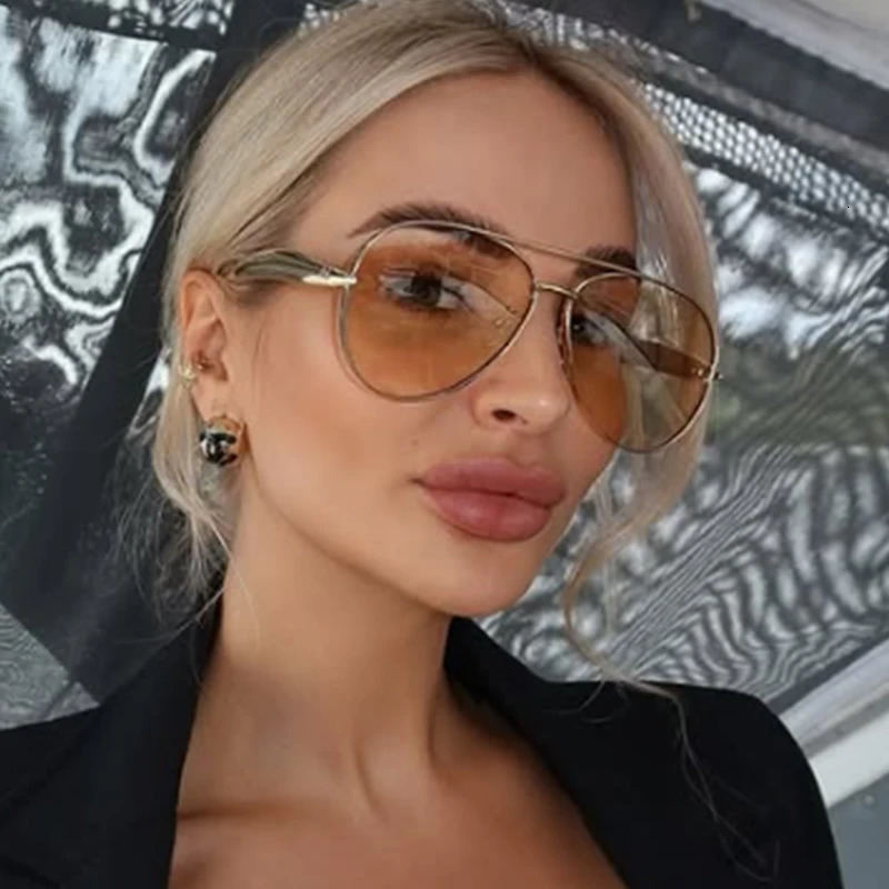 Clear Brown Oversized Pilot Sunglasses Women Men Unisex Metal Sunglasses Female Unique Metal Frame Double Bridge 251023