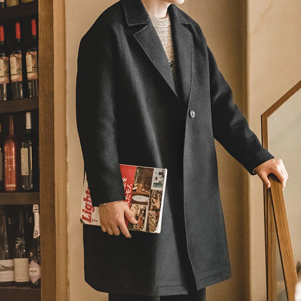 Maden Mens Vintage Heavyweight Black Woolen Overcoat Fall and Winter Season Thickened Loose Mediumlength Versatile Coat 251017