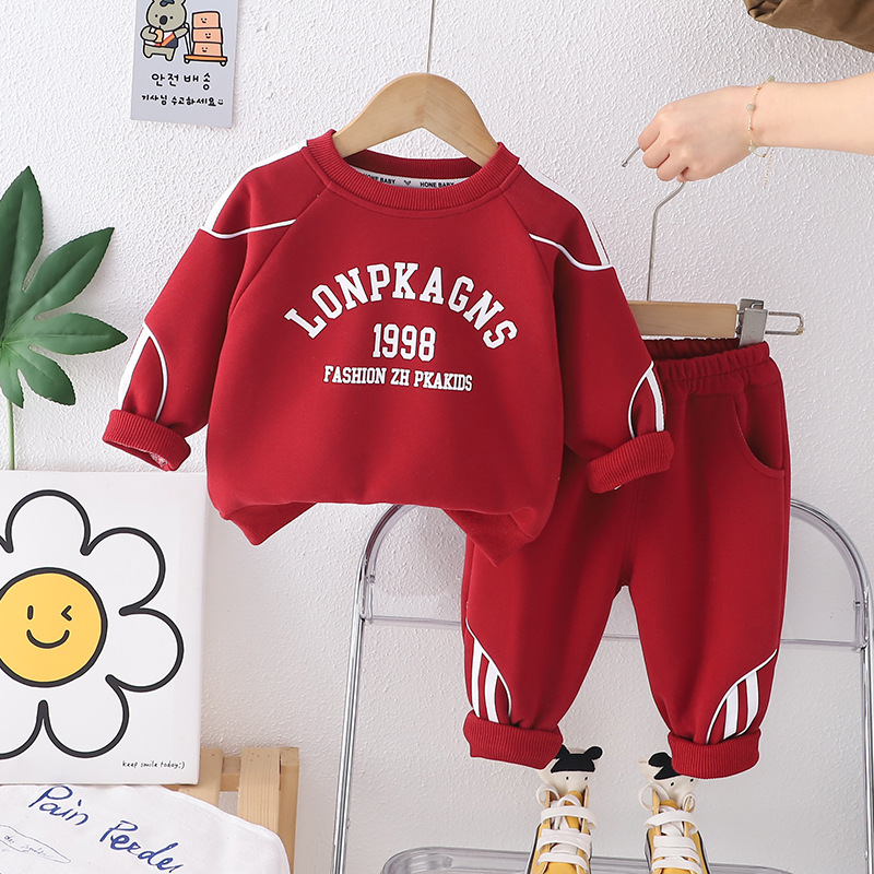 Free Shipping 2025 Spring Autumn Boys Letter Print Sweatshirt Set, Korean Style Round Neck Hoodie with Long Pants, Casual Sportswear for Kids