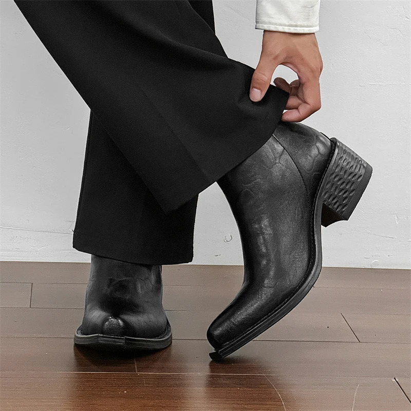 Mens Retro SolidColor Leather Ankle Boot ThickHeeled WesternStyle Zipper Casual Boot Elegant And Comfortable Party Boots 251023