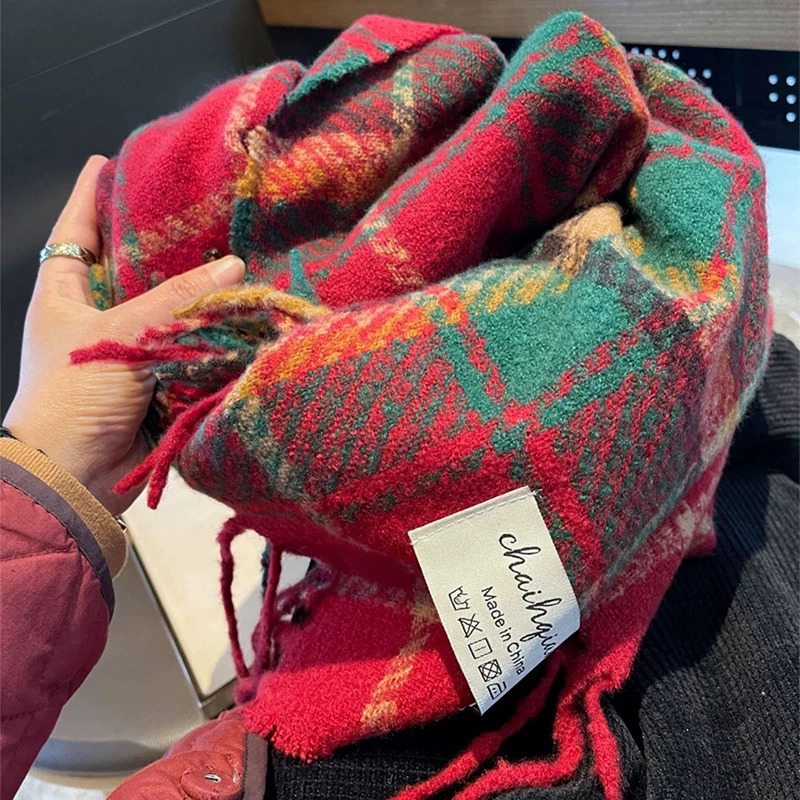 Women Winter Red Plaid Christams Scarf Cashmere Warm Pashmina Scarves Blanket Wraps Female Thick Soft Tassel Shawl Long Poncho 251024
