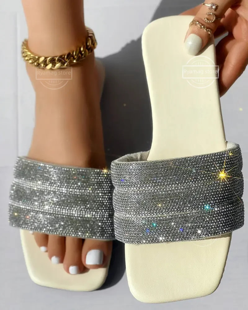 Slippers Womens Rhinestone Wide Strap Square Toe Slippers Flip Flops Flat Sandals Ladies Slippers Shoes Female Bling 251023