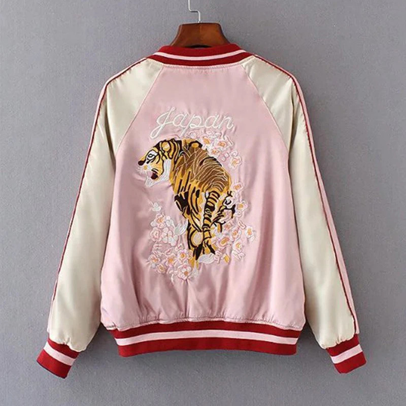 Sukajan Tiger Embroidered Women Bomber Baseball Jacket Japan Harajuku Female Coat Sukajan Girls Clothing Two Sides Wear 251023