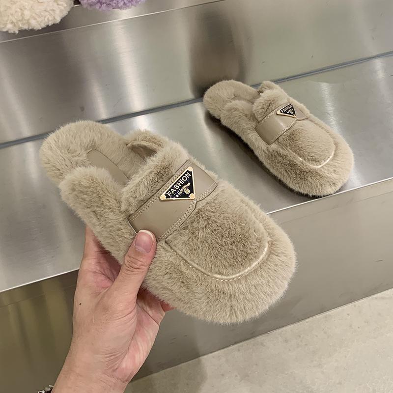 New Elegant Sweet Versatile Plush Slippers Womens Autumn Winter Indoor Outdoor Soft Warm Flat Free Shipping Black Kaki Off-White