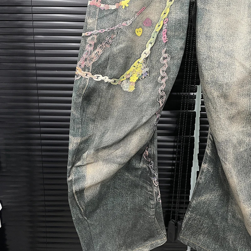 DEAT Fashion Womens 3D Chain Printed Contrast Color Jeans Niche High Waist Casual Denim Pants Female Trendy 11A04071 251023