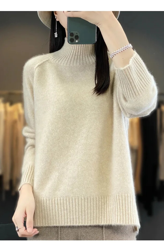 Womens HighNecked Cashmere Sweater 100 Soft Wool Thickened Lazy Raglan Sweater with Slit for Autumn Winter Comfortable Waxy W 251023