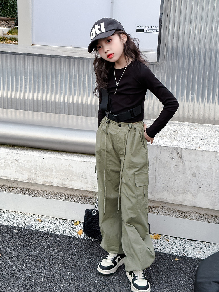 Free Shipping 2025 Spring Girls Parachute Cargo Pants, American Style High-Waisted Wide-Leg Joggers, Loose Casual Trousers for Big Kids & Teens