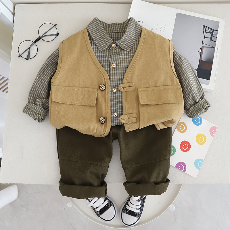 Free Shipping 2025 Boys Plaid Shirt & Vest 3-Piece Set, Autumn Casual Outfit with Suspenders for Toddlers 1-5 Years, Fashion Kids Clothes