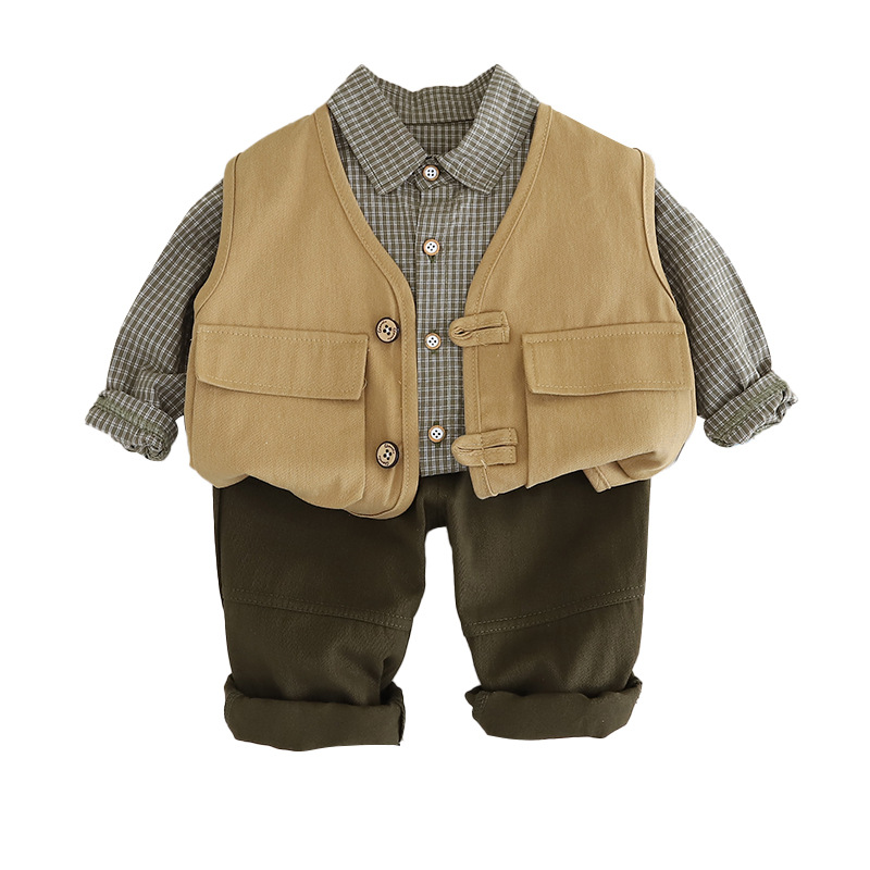 Free Shipping 2025 Boys Plaid Shirt & Vest 3-Piece Set, Autumn Casual Outfit with Suspenders for Toddlers 1-5 Years, Fashion Kids Clothes