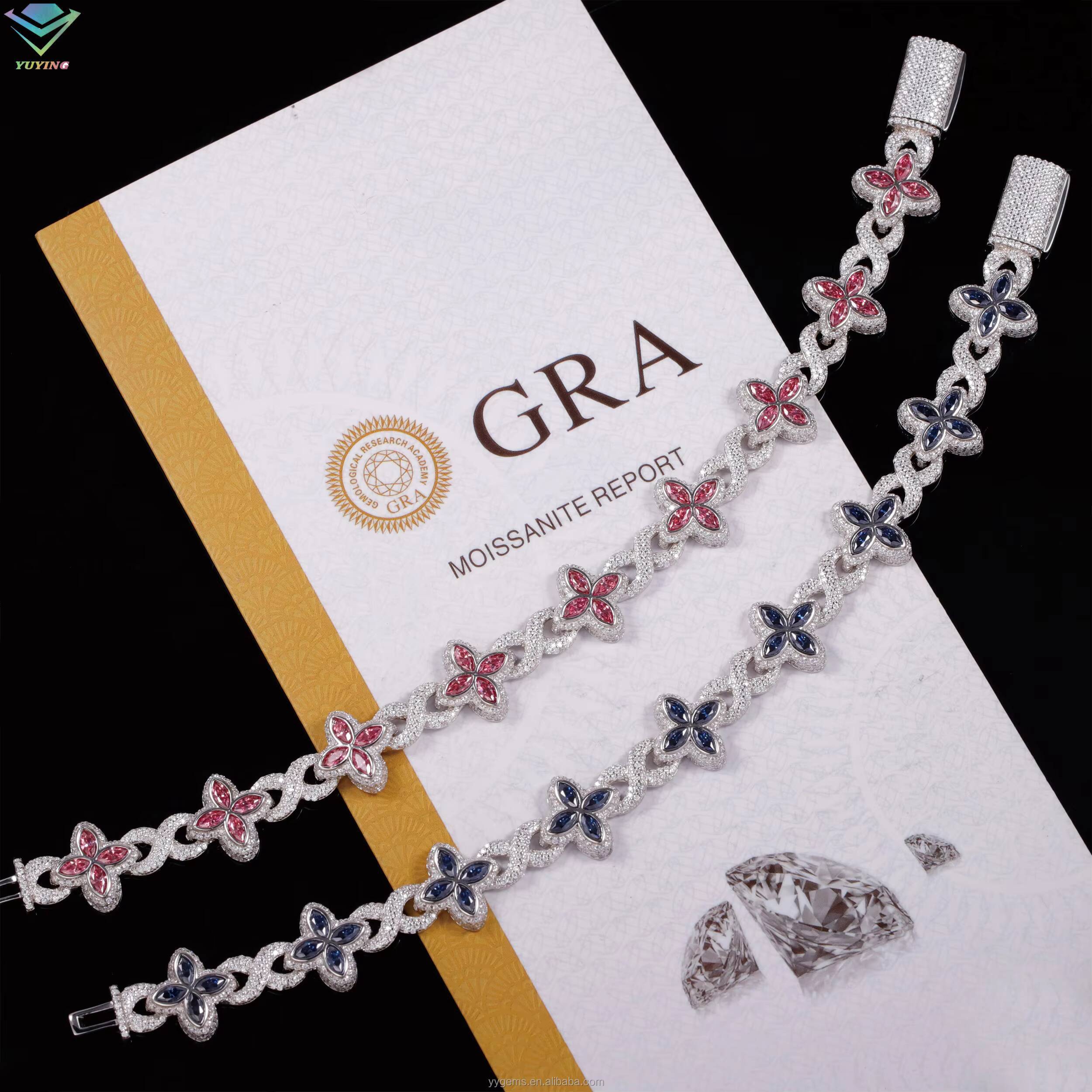 Yu Ying New Trends Pink Marquise Moissanite Diamonds Gold Plated 925 Sterling Silver Four Leaf Clover Infinity Bracelets Jewelry