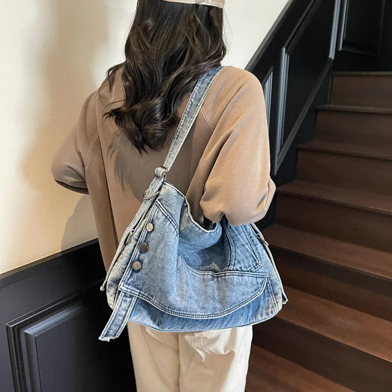 2025 Womens Denim Tote Bag Retro Crossbody Shoulder with Large Capacity for Work Commute Fashionable Handbag 251018