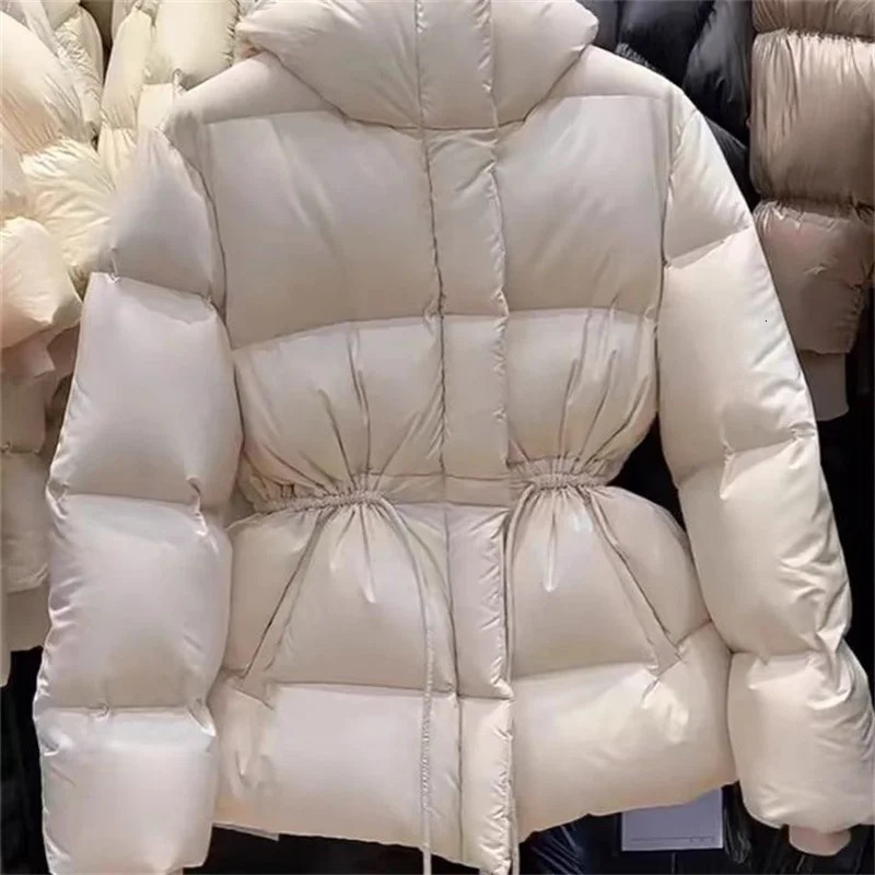 Autumn Winter Lightweight Warm Cotton Jacket Women Cotton Coat Hooded Drawstring Waist Cinching Slim Fashion Parka Coat 251023