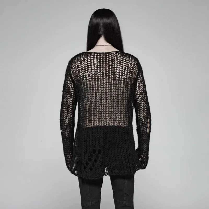 PUNK RAVE Mens Gothic Casual Broken Hole Pullovers Personality Black loose Sweater punk cosplay dark Visual Kei 251020