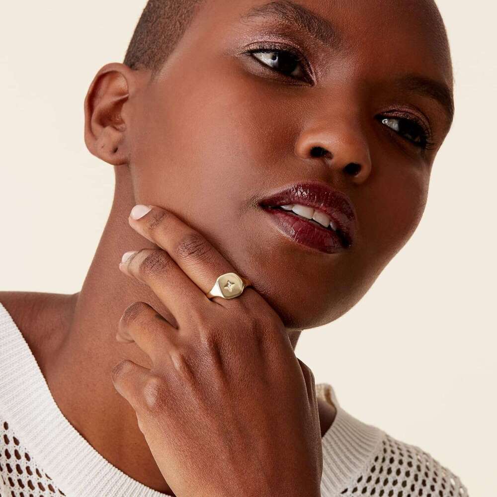 14K Gold Plated Engraved Signet Ring with North Star Lightweight Thick Statement Rings for Women | Everyday Jewelry