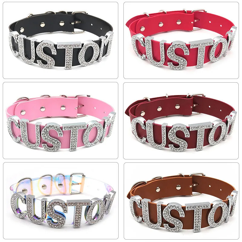 30MM Sexy Punk Rhinestone Letters Customized Collar Choker Necklaces Men Women Goth BDSM Role Age Cosplay Chocker Party Jewelry 251023