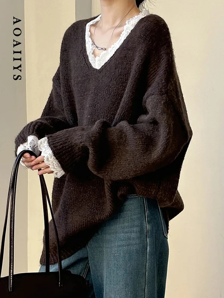 Aoaiiys Sweaters Women V Neck Lace Spliced Pullovers Vintage Chic Knitted Jumpers Autumn Winter Comfortable Loose Sweaters 251023